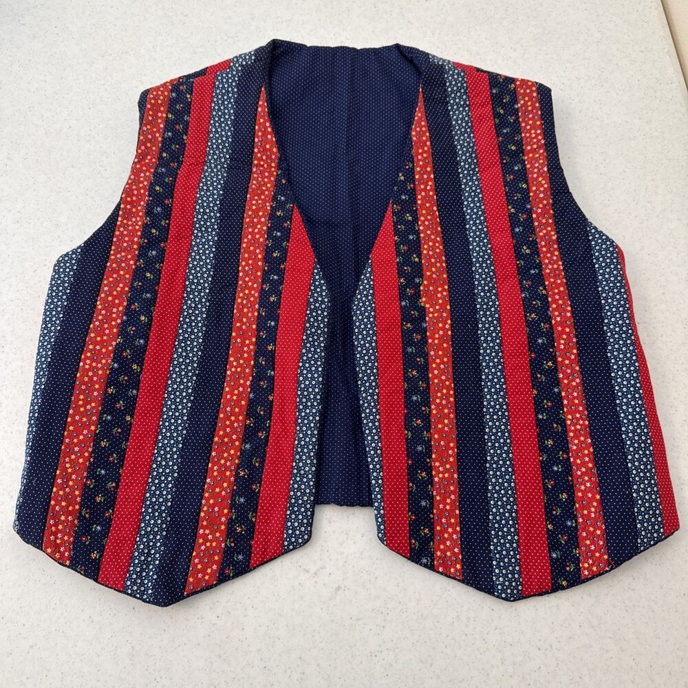 VTG Handmade Reversible Quilted Vest Stripes Gingham Patchwork Cottage Folk Med